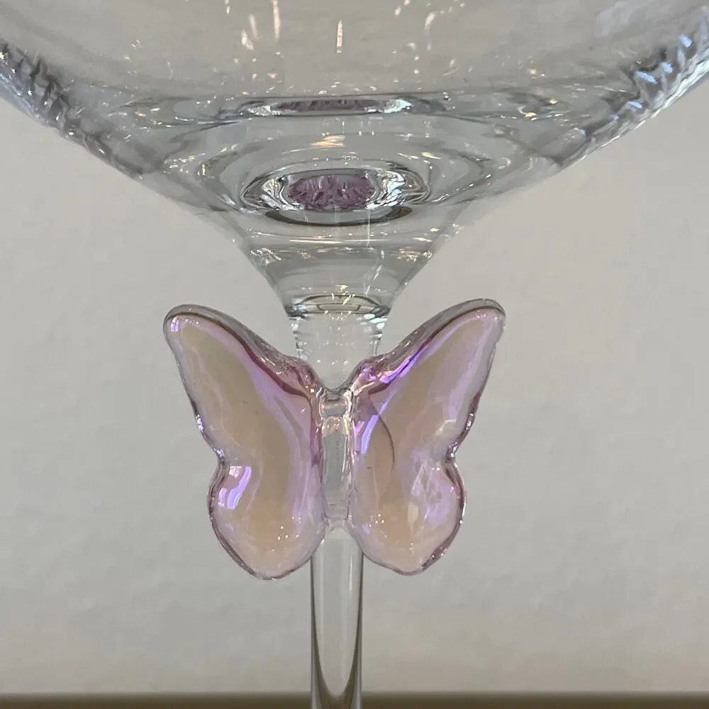 NEW Godinger Pink Butterfly Wine Glass Set of 2 Chic Barware